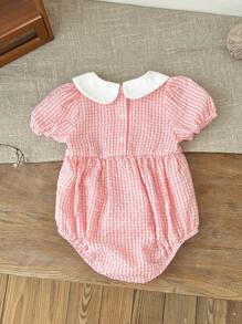 SHEIN LMoss Kids Newborn Baby Girl Cute Plaid Embroidered Ruffle Collar Romper, Summer