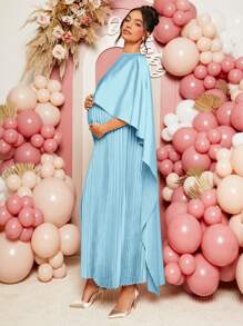 SHEIN Loomaby Đầm dài tay xếp ly màu trơn thanh lịch cho bà bầu - Màu xanh nhạt - Xem 2