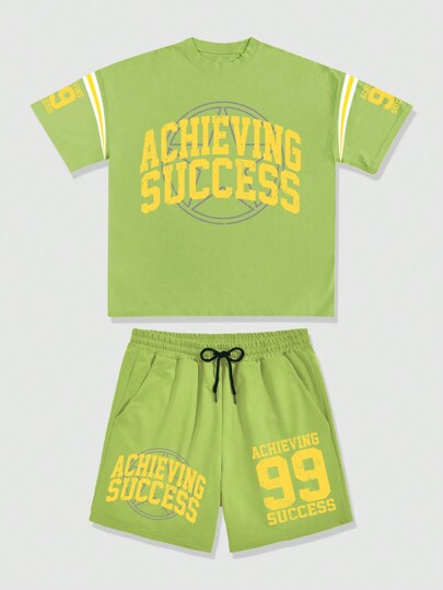 Prep طقم تي شيرت كم قصير مطبوع عليها أحرف وشورت للرجال قطعتين