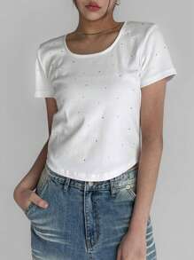 DAZY 1pc Women Rhinestone Decor Round Neck Fitted Short Sleeve White T-Shirt, Spring/Summer