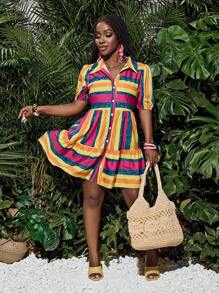 Slaydiva Vestido holgado con mangas abullonadas, estampado floral, apertura frontal y volantes, para verano 2025 - Multicolor - Ver 6