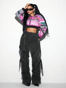 Jeanoix Retro Asymmetric Ribbon Embellished Boyfriend Style Women Jeans, Dystopian Aesthetic