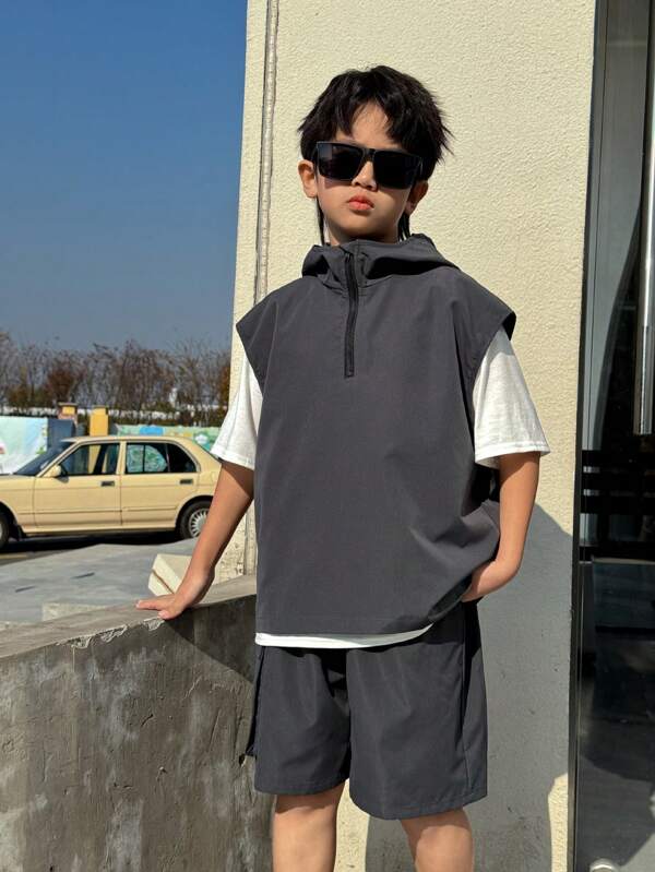 Buy 2 Get 1 Free, 3pcs/Set Tween Boy Casual Korean Style Solid Color Hooded Zipper Vest, Elastic Waist Cargo Shorts, And Round Neck Short Sleeve T-Shirt Outfit Set, Suitable For Outdoor, School, Street Style, Party And Leisure, Fits Autumn, Spring, Summer