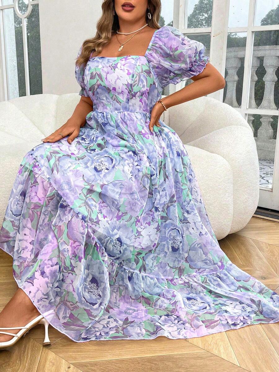 SHEIN Clasi 大码浪漫泡泡袖印花雪纺透视连衣裙长款欧根纱女装，适合夏季 - 藍色 - 查看 1