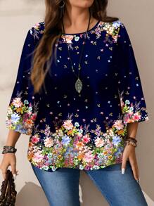 EMERY ROSE Plus Size Women Casual All-Over Print Round Neck Loose 3/4 Sleeve Blouse Autumn And Winter Chic Blouses For Women - Multicolor - View 1