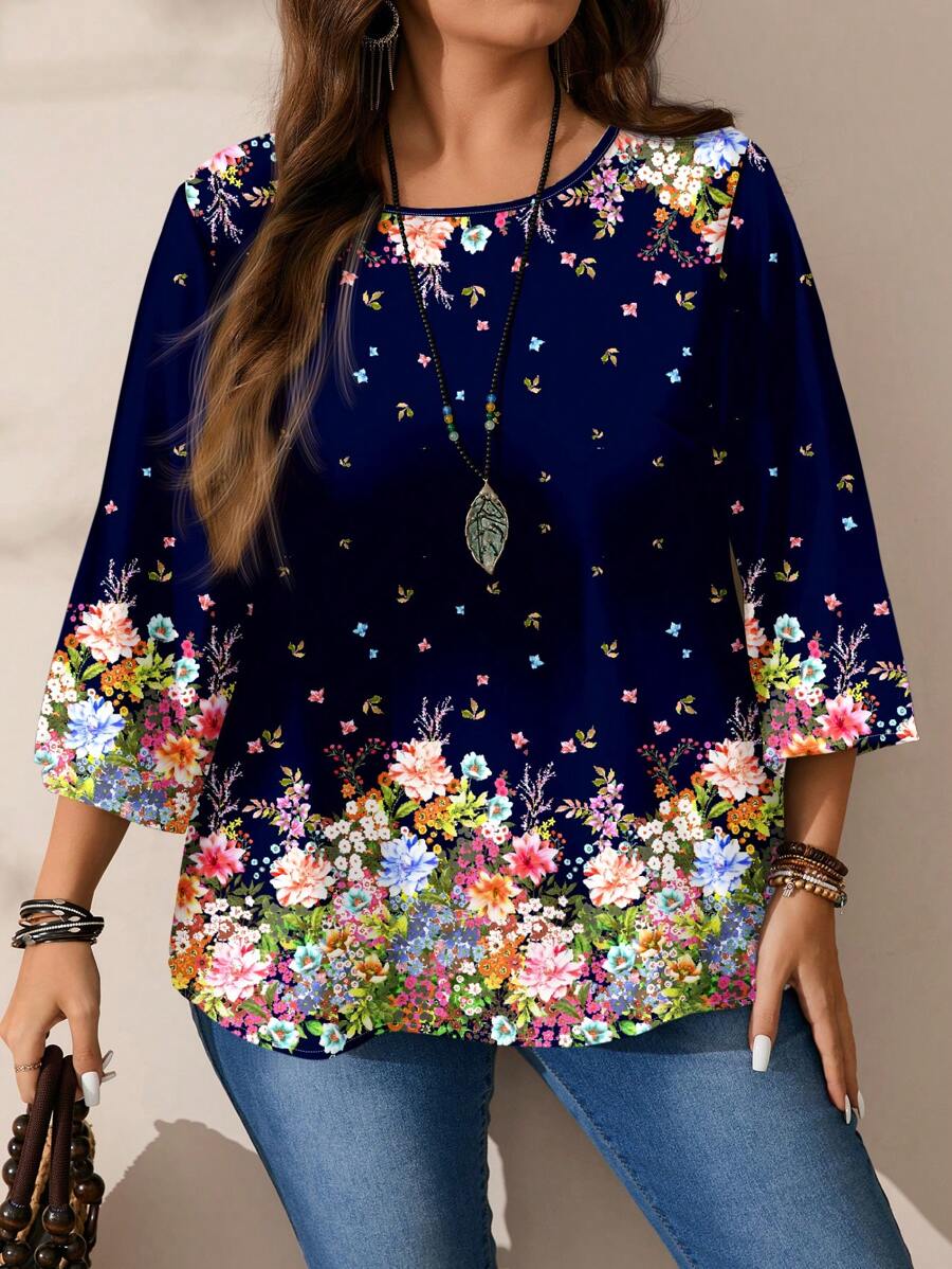 EMERY ROSE Plus Size Women Casual All-Over Print Round Neck Loose 3/4 Sleeve Blouse Autumn And Winter Chic Blouses For Women - Multicolor - View 1