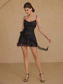 GENKIRA Kurzes Kleid mit Rüschensaum und Polka Punkten, romantischer französischer Stil, Crop-Länge, taillenformend, Chiffon, für Damen - Schwarz - Übersicht 5