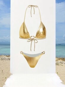 Opulessa Einfarbiges gestricktes Damen-Bademode Set, ideal für Sommerstrandurlaub - Gold - Übersicht 7