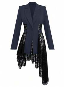 SHEIN Clasi New Fashion Solid Color Blazer With Lace Panel, Mid-Length Tailored Suit Jacket, Goddess Silhouette, Asymmetrical Hem, Unique Design