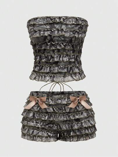 Grunge Punk Vintage Y2K Baddie Autumn Leaves Camouflage Print Crop Top And Ultra Low-Rise Mini Ruffle Hem Shorts 2 Pieces Set