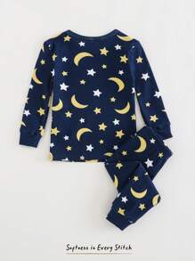 Cozy Pixies Baby Boy Snug-Fit Pajama Set, Star & Moon Pattern, Soft & Cozy Long Sleeve Top And Elastic Waist Pants, Comfortable Homewear - Blue - View 2