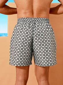Surfspeed Men's Geometric Print Drawstring Waist Beach Shorts - Green - View 2