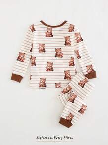 Cozy Pixies 男宝宝卡通熊图案柔软针织圆领长袖上衣和松紧腰长裤两件套睡衣套装 - 棕色 - 查看 2