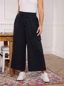 SHEIN LUNE Plus Size Women Linen Solid Color Wide Leg Cargo Pants Summer For Women Spring For Women Black Pants Boho Old Money Cotton - Black - View 3