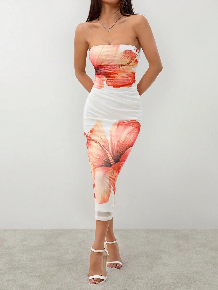 SHEIN PETITE 女士浪漫约会露肩印花紧身连衣裙