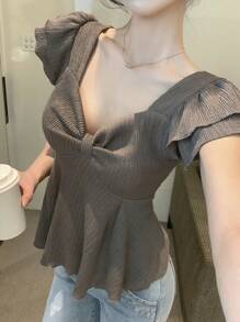 DAZY 女士休闲宽松荷叶边T恤夏季，娃娃装上衣 - 咖啡棕 - 查看 5