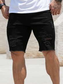 Manfinity Homme Plus Size Men's Casual Ripped Frayed Pocket Denim Shorts Workout Hang Out Street Sport - Black - View 1