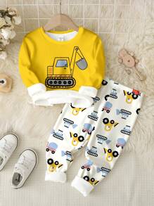 SHEIN Young Boy Casual Tight-Fitting Comfortable Thickened Crew Neck Long Sleeve Jumpsuit Featuring Cartoon Excavator Pattern, Suitable For Autumn/Winter - Multicolor - View 1