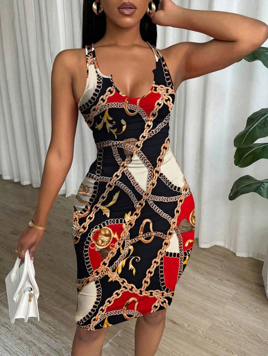 Eryvara Women Tie-Dye Print Notched V-Neck Bodycon Mini Dress - Multicolor - View 1