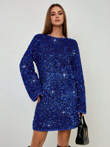 Roylia Elegancka damska sukienka świąteczna z cekinami i kokardą, swobodna krótka luźna sukienka imprezowa