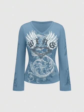 Fairycore Women Autumn Wing Letter Print Long Sleeve Casual T-Shirt