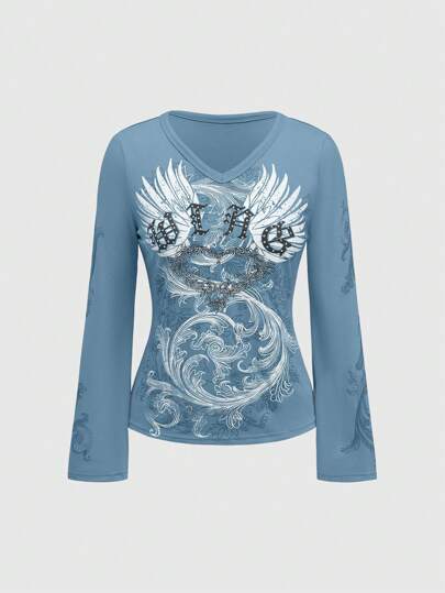 Fairycore T-shirt casual à manches longues pour femmes en automne avec imprimé aile et lettre