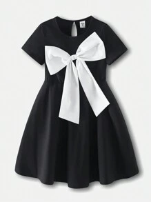 SHEIN 女孩优雅圆领短袖拼色 3D 蝴蝶结装饰高腰 A 字裙，夏季 - 黑色 - 查看 3