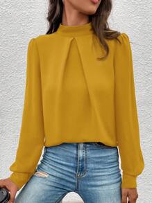 SHEIN Clasi 女士纯色立领泡泡袖休闲衬衫 - 黃色 - 查看 5