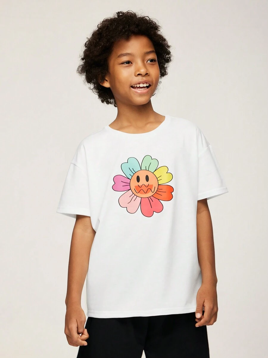 SHEIN Tween Boys Lös Street Style Solros Print Rundhals Kortärmad Shorts Set - Svart och Vitt - Visa 1