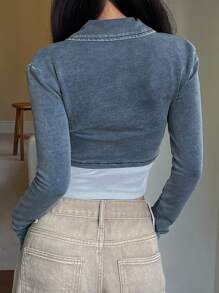 DAZY 女士休闲翻领长袖牛仔夹克，秋季服装 - 淺色水洗藍 - 查看 5