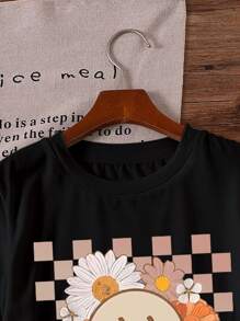 少女简约时尚休闲日常图案 T 恤 - 黑色 - 查看 3