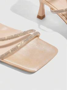 CUCCOO SZL Sandalias de tacón alto de stiletto con puntera cuadrada, correas con rhinestones y satén de champán, de moda para ir al trabajo, citas, fiestas y vacaciones