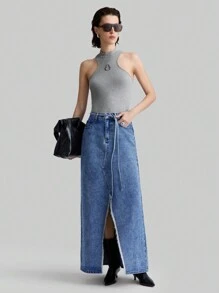 Ontre 女式前扣口袋简约牛仔裙，日常休闲穿着 - 中等水洗藍 - 查看 7