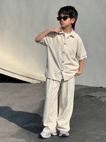 SHEIN Leap Crew 2pcs Tween Boy Casual Solid Color Collared Pocket Short Sleeve Shirt And Elastic Waist Pants Set, Suitable For Autumn, Spring, Summer, For Outdoor Play, School, Street, Party And Leisure - Khaki - View 5