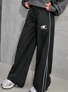 SHEIN 青少年女孩黑色侧条纹抽绳腰长裤