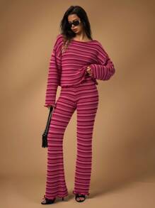 Forever 21 Ensemble de pantalon et pull rayé pour femmes, coupe slim, style décontracté simple et pour le port quotidien
