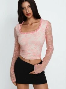 SHEIN Unity 女士蕾丝边修身长袖 T 恤，粉色，秋冬 - 粉色 - 查看 5