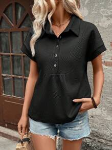 EMERY ROSE Women's Casual Knit Jacquard Half Button-Up T-Shirt - Black - View 5