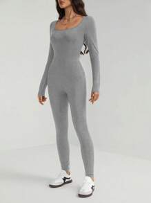 SHEIN Tall 优雅休闲纯色黑色长袖紧身连体裤，U 领 - 灰色 - 查看 4