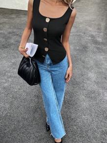 Siren Gaze 女士办公室纽扣 A 型开衩背心，女士黑色无袖金属扣背心，正面纽扣无袖简约吊带背心，休闲日常装，夏季上衣，女士短款上衣，女士外出上衣，商务休闲背心 - 黑色 - 查看 1