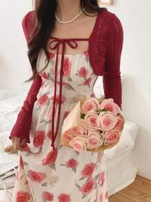 DAZY 2pcs Women Allover Print Casual Long Sleeve Set Summer - Red - View 1