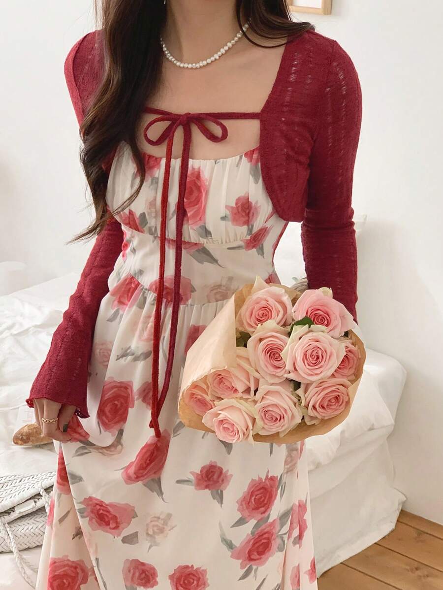 DAZY 2pcs Women Allover Print Casual Long Sleeve Set Summer - Red - View 1