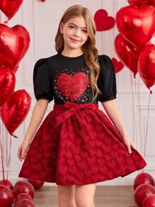 SHEIN Explorewe Tween Girl Puff Sleeve Top And Jacquard Bowknot Skirt Set, Valentine's Day Outfit - Multicolor - View 3