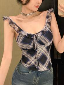 DAZY 女式格子系带修身短款性感网眼夏季背心，荷叶边 - 彩色 - 查看 7