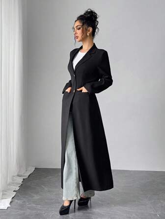 Mulvari 秋冬女士休闲长款黑色西装外套