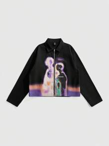 ROMWE MEN Street Life Men's Loose Short Abstract Print Jacket - Black - View 1