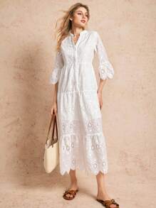 Poéselle 刺绣白色连衣裙 长裙 波西米亚风 女式V领喇叭袖刺绣休闲连衣裙 春夏服装 海边度假 适合日常出街度假等场合穿着 白色毕业礼服