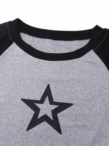 Y2K Style Teen Girl Cropped Raglan Sleeve Five-Pointed Star T-Shirt - Light Grey - View 3