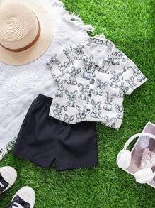SHEIN Leap Crew 2 pièces/ensemble chemise à manches courtes avec motif de lapin de Pâques mignon et short à taille élastique pour bébé garçons, tenue d'été - Multicolore - Voir 5