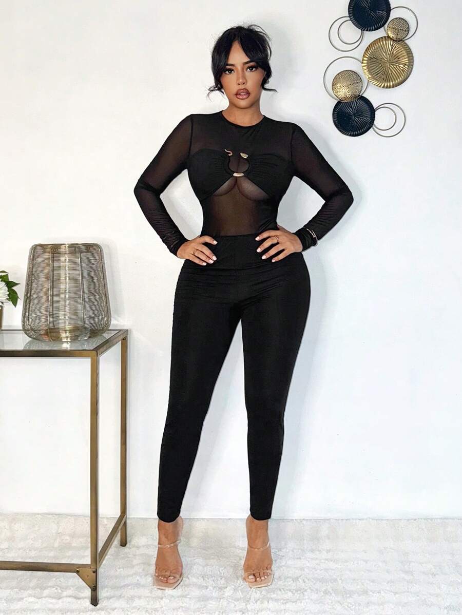 SHEIN SXY Mono elegante y sexy de malla transparente para señora